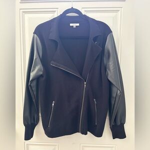 SIONI Black Vegan Leather Sleeve
Asymmetric Zip Moto Sweater Jacket